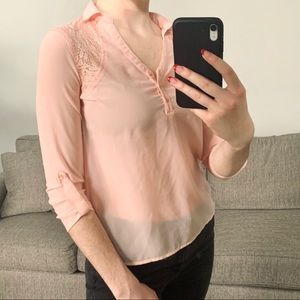 deb light pink sheer blouse with lace